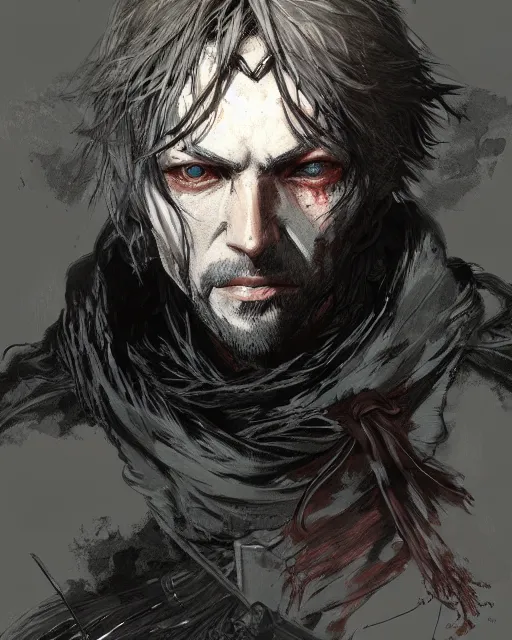 Prompt: portrait of a bloodborne hunter, concept art, sumi - e style, artstation, trending, highly detailed, smooth, focus, art by yoji shinkawa