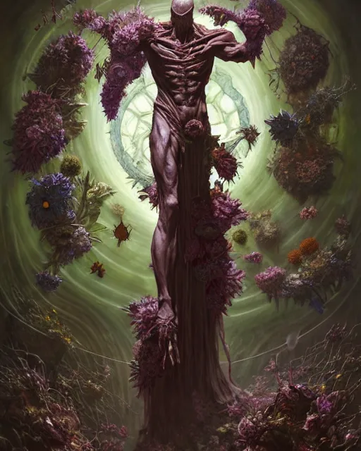 Image similar to the platonic ideal of flowers, rotting, insects and praying of cletus kasady ultimate carnage thanos dementor wild hunt doctor manhattan chtulu nazgul mandelbulb davinci, d & d, fantasy, ego death, intense, scary, decay, dmt, art by artgerm and greg rutkowski and alphonse mucha and giuseppe arcimboldo