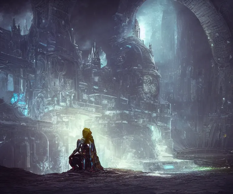 Image similar to translucent glowing cyborg sitting on a metal throne, futuristic castle as background, fantasy sci - fi, highly detailed, metallic, 2 0 0 mm focus