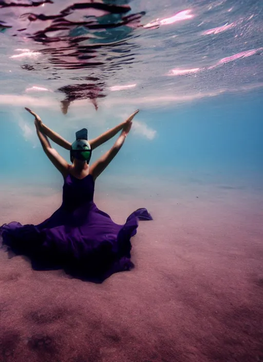Image similar to girl in a long dress swimming underwater, caustics, surreal underwater photography