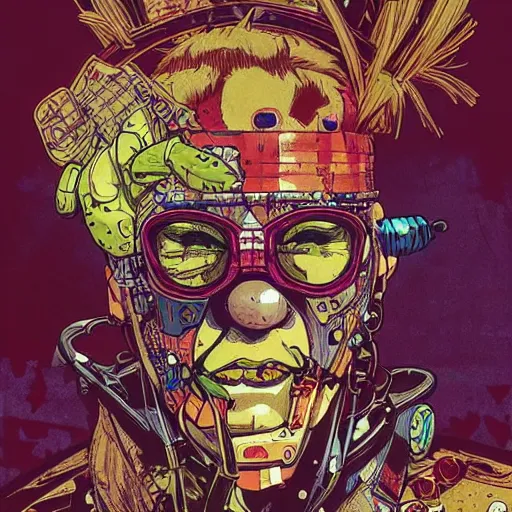 Image similar to cyberpunk clown cyborg portrait, illustration, pop art, splash painting, art by geof darrow, ashley wood, alphonse mucha, makoto shinkai