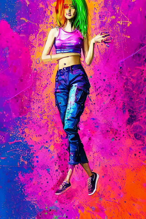 Image similar to a award winning half body portrait of a beautiful woman in a croptop and cargo pants with ombre purple pink teal hairstyle and hands in pockets by ari liloan, surrounded by whirling illuminated lines, paint splashes and splatter, outrun, vaporware, shaded flat illustration, digital art, trending on artstation, highly detailed, fine detail, intricate