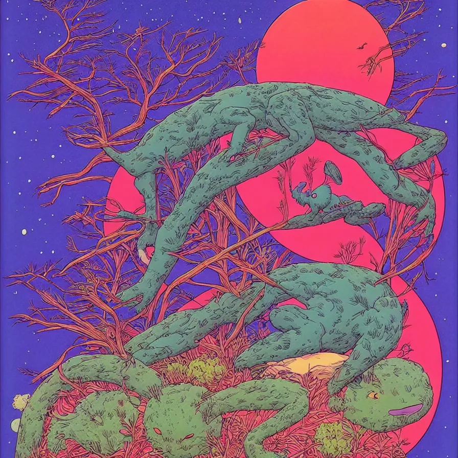 Image similar to ( ( ( ( ( forest and cute creatures on a mysterious planet ) ) ) ) ) by mœbius!!!!!!!!!!!!!!!!!!!!!!!!!!!, overdetailed art, colorful, record jacket