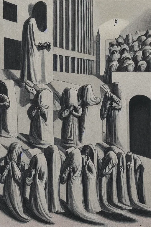 Prompt: fine illustration of five hooded disciples in masks praying to a fascist monument in a brutalist courtyard, lit from below, twilight, lowbrow surrealism, PJ Crook, Edward Hopper, sharp detail, oil on canvas