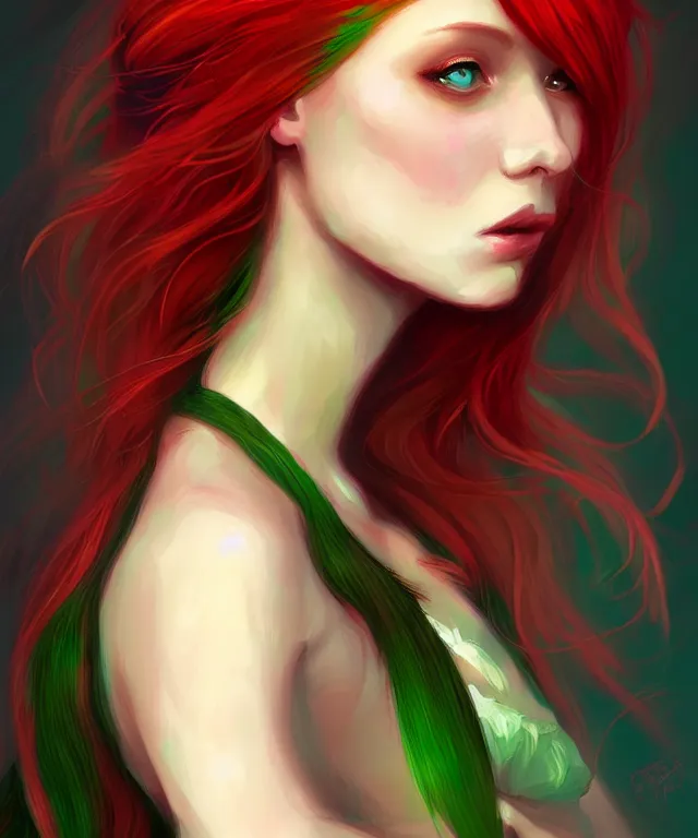 Image similar to Fae teenage girl, portrait, face, long red hair, green highlights, fantasy, intricate, elegant, highly detailed, digital painting, concept art, smooth