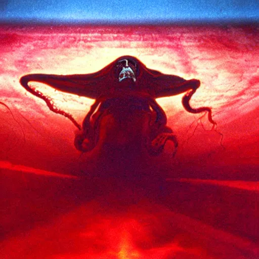 Image similar to the filmic anti - christ rising from a red ocean. alien squid appear. ominous. vivid color detailed photograph from a 1 9 9 0 s horror movie.