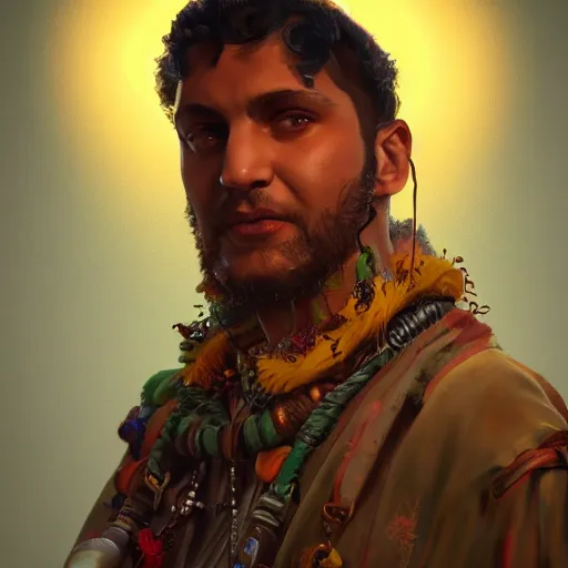 Image similar to an oil art close up portrait of young roma mage with hex magic in style of disco elysium character, gipsy jester character design from ravenloft, 4 k, ultra detail, volumetric lighting, unreal engine, octane render