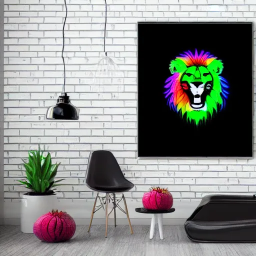 Prompt: black canvas, lion, neon lights, strawberry, dja