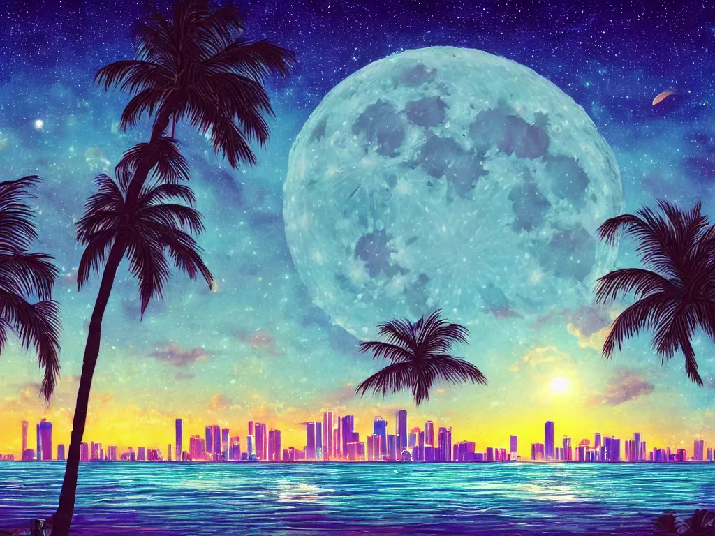 Image similar to night on a summer miami beach, city on the background, palm trees, footprints in the sand, full moon reflected in the calm ocean, starry sky 8 k, ultra detailed, trending on artstation, digital painting, synthwave style