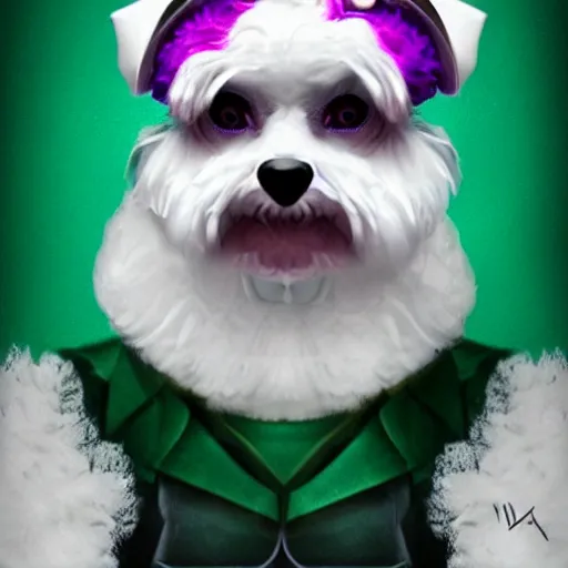 Image similar to bichon frise joker, dog, makeup, movie poster, trending on artstation