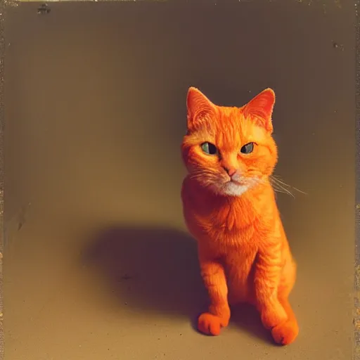 Prompt: A portrait of a orange cat wearing a small vietnamese straw hat, award winning photo, polaroid, color photo