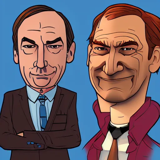 Image similar to kim wexler and saul goodman, cartoon concept art, trending on artstation, high quality