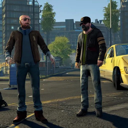 Image similar to screenshot of walter white and jesse pinkman as npcs in watch dogs 1 (2014)