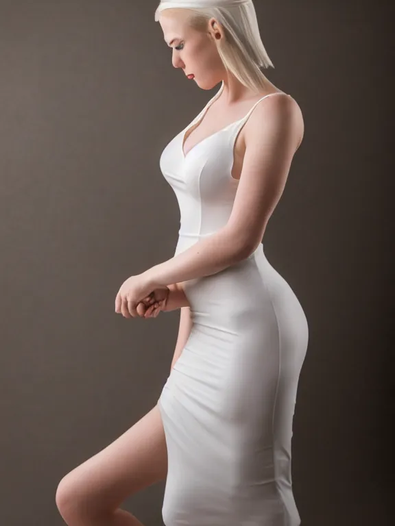 Prompt: 2 8 mm studio photo of seductive emily skinner cosplaying annie leonhart wearing tight white dress, beautiful face, pale skin, rule of thirds, cinematic lighting, sharp focus, backlit, stunning, smooth, hard focus, glamour pose, full body shot