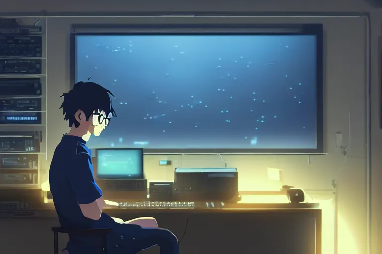 Prompt: a nerdy boy is programming at a computer in a room full of gadgets, screens all over the walls, by makoto shinkai and ghibli studio, dramatic lighting, highly detailed, incredible quality, trending on artstation