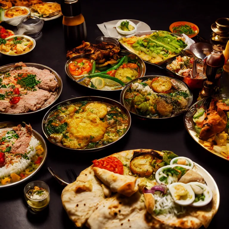 Prompt: close - up focused dslr photograph of an syrian dinner, 8 k, high detail, volumetric lighting, hyperrealism, aesthetically pleasing, studio lighting, trending