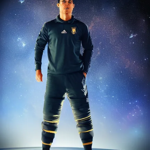 Image similar to ronaldo in space, full body shot, wide angle