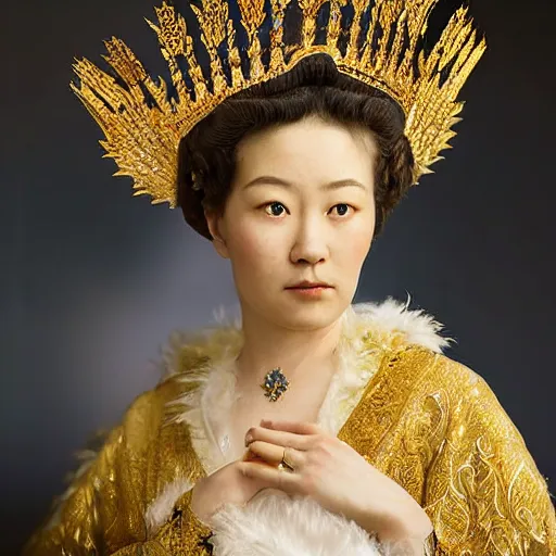 Prompt: a wide full shot, russian and japanese mix 1 9 0 0 s historical fantasy of a photograph portrait taken of a royal gold leaf tiara with intertwined white feathers, photographic portrait, warm lighting, from an official photographer from the royal museum. displayed in a museum.