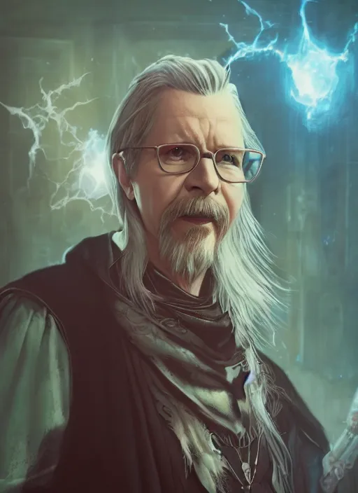 Image similar to A fantasy comic book style portrait painting of Gary Oldman as a wizard in dark castle setting, unreal 5, DAZ, hyperrealistic, octane render, RPG portrait, dynamic lighting