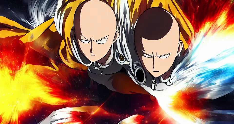 saitama, garou, and cosmic garou (one-punch man) drawn by kanggereo_defansa