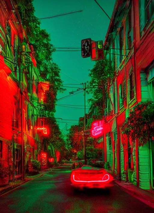 Image similar to Neon night, red lights of the car motion blur, oak alley