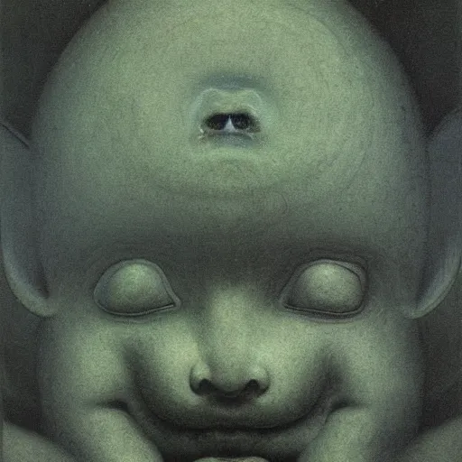 Prompt: cherub with four faces in one, by zdzislaw beksinski