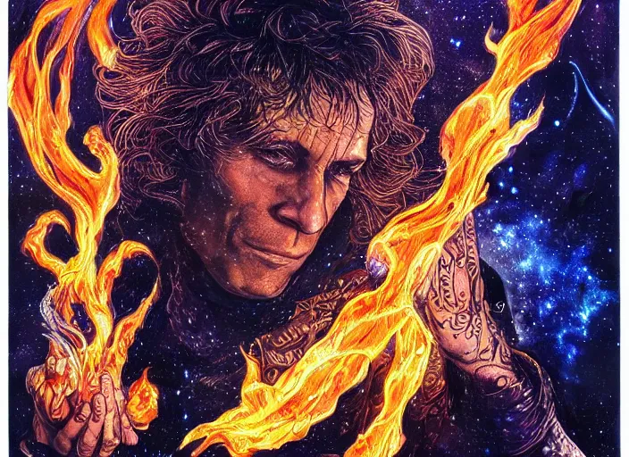 Image similar to high intricate colored ink drawing of the sandman holding a glimmering fire - galaxy, full shot, neil gaiman, maria panfilova, andrea savchenko, mike kime, ludovic plouffe, qi sheng luo, oliver cook, julian calle, eddie mendoza, trending on artstation