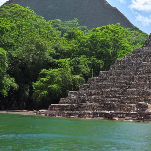 Prompt: maya pyramid next to a river near a camp