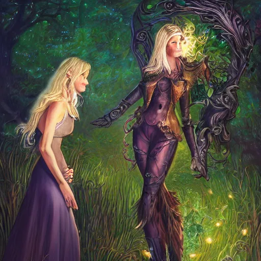 Prompt: blonde butch tomboy woman engineer standing beside taller dark fae feathered modest gothic woman, in a beautiful lush garden at night, falling in love, highly detailed, romantic, trending on art station, illustration, oil painting