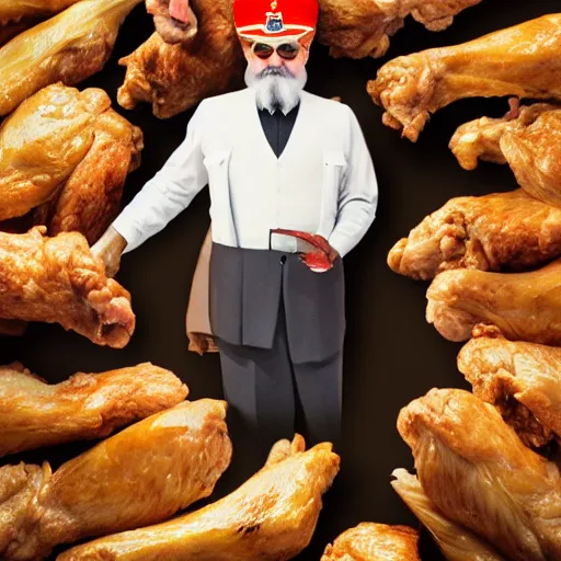 Prompt: Lenin as colonel Sanders on a basket full of chicken wings, labeled USSR, studio photo, by Stephen Meisel, octane renderer, behance