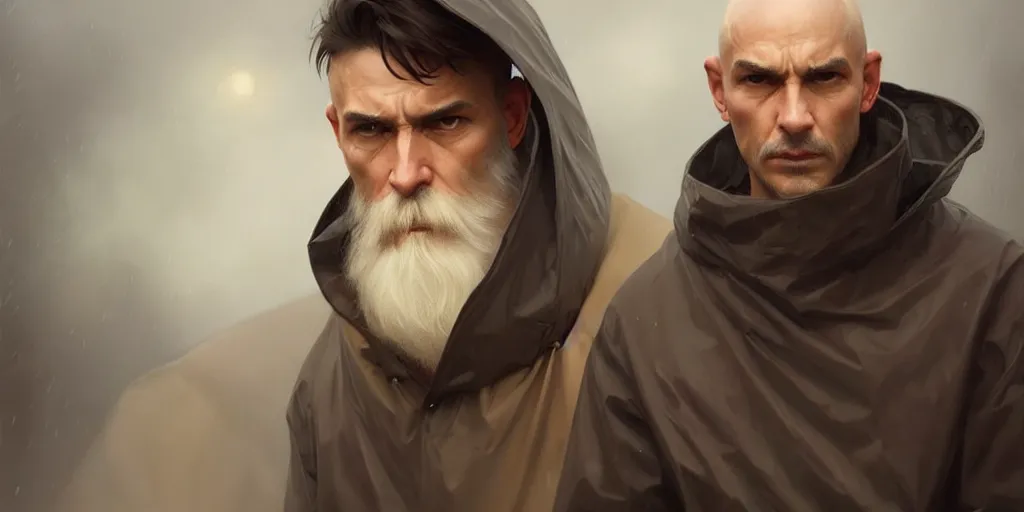 Image similar to european ( ( ( ( bald man ) ) ) ) dressed in raincoat, male, clear face, masculine, upper body, highly detailed, digital painting, artstation, concept art, matte, sharp focus, illustration, art by artgerm and greg rutkowski and alphonse mucha