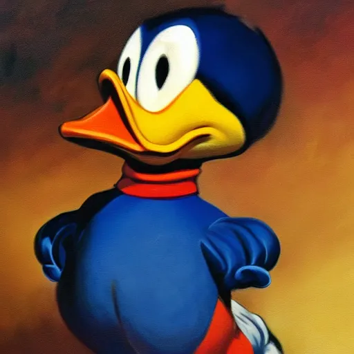 Image similar to ultra realistic portrait painting of donald duck, art by frank frazetta, 4 k, ultra realistic, highly detailed, epic lighting