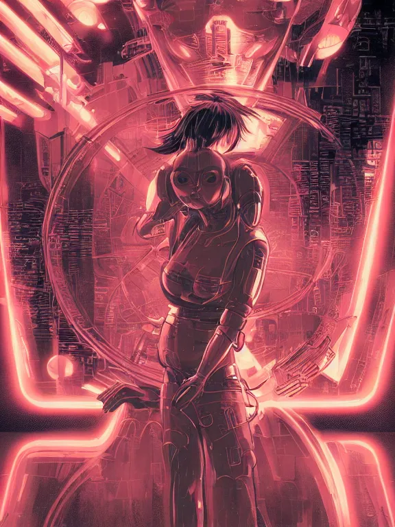 Image similar to a futuristic female geisha warrior, red hair made out of water, blade runner, akira, ghost in the shell, 2077, style of Laurie Greasley and Satoshi Kon + symmetric lights and smoke, psychedelic effects , glowing particles, neon rain, glowing runes, de-noise, symmetrical composition, high detailed + tarot card, ornate border, 8k,