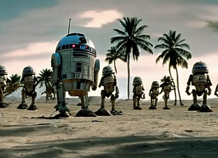 Prompt: screenshot of a wide shot of tropical planet Imperial Probe Droids from star wars, the 1970s film by Stanley Kubrick, attacking Han Solo, iconic scene, stunning cinematography, hyper-detailed, crisp, anamorphic lenses, kodak color film stock, 4k, stunning