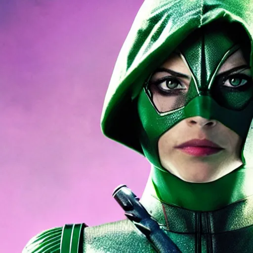 Prompt: film still of willa holland as an attractive female green arrow in the 2 0 1 7 film justice league, bleach blonde hair, focus on facial details, minimal bodycon feminine costume, dramatic cinematic lighting, inspirational tone, suspenseful tone, promotional art