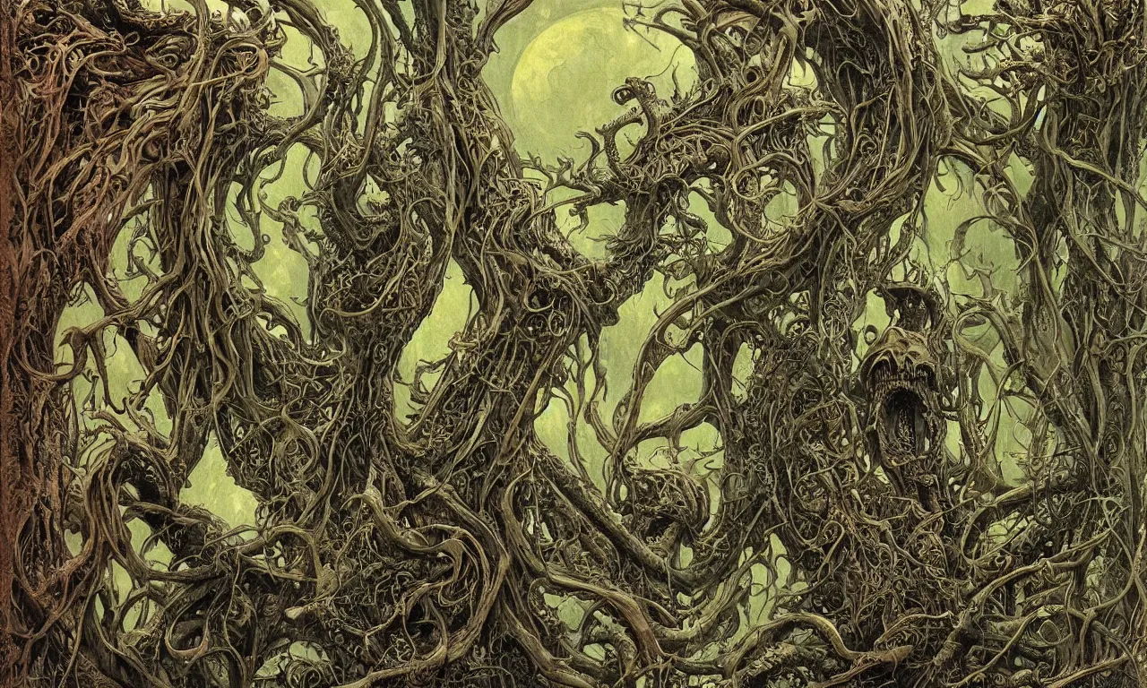 Prompt: hyperdetailed art nouveau portrait of treebeard as a cthulhu eyeball skull dragon monster, by micheal whelan, simon bisley and bill sienkiewicz, grim yet sparkling atmosphere, photorealism, claws, ribcage, fangs, forest, wild, crazy, horror, lynn varley, lovern kindzierski, steve oliff
