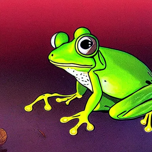 Prompt: frog with 3 eyes ponders nature of the solar system by moebius