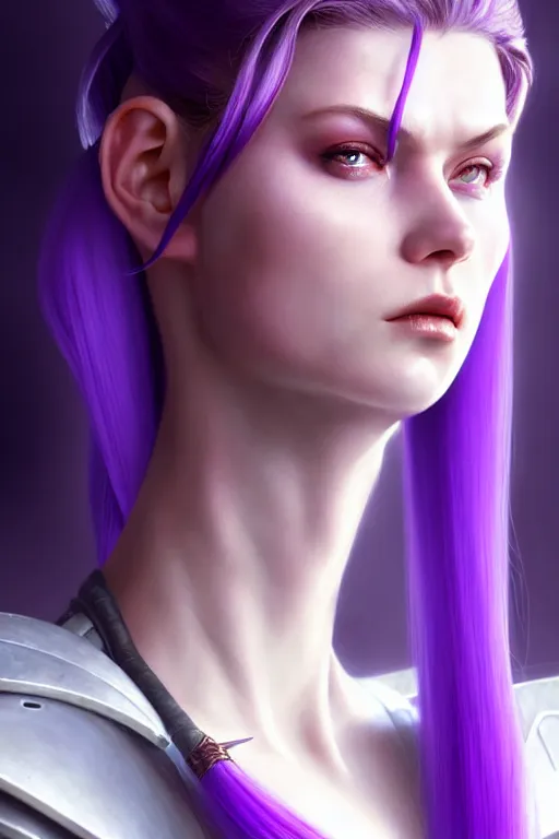 Prompt: alexey gurylev, close up portrait, pale woman in sci - fi armor with purple ponytail hair, mysterious, deep focus, d & d, complex, elegant, highly detailed, digital painting, artstation, concept art, matte, clear focus, illustration, hearthstone, artgerm art, greg rutkovsky and alphonse mucha