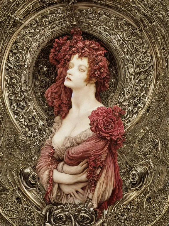 Prompt: a beautiful render of catholic rococo roses veiled red queen sculpture with symmetry intricate detailed,by Edward Burne-Jones and Lawrence Alma-Tadema and aaron horkey and NekroXIII and Billelis and peter gric,Trending on artstation,ZBrush,maximalist,glittering,gold,silver,ivory,hyperreal,golden ratio,cinematic lighting