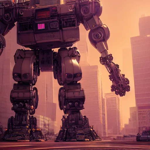 Image similar to a beautiful hyperrealistic ultradetailed 3D render of a gigantic fat rotund mecha standing in the city, by brian sum and stephen martiniere and Antonio Manzanedo. mech, dragon, unreal engine, octane render, PBR, 3D, brilliantly colored, intricate, wide angle, volumetric lighting, polished, path tracing