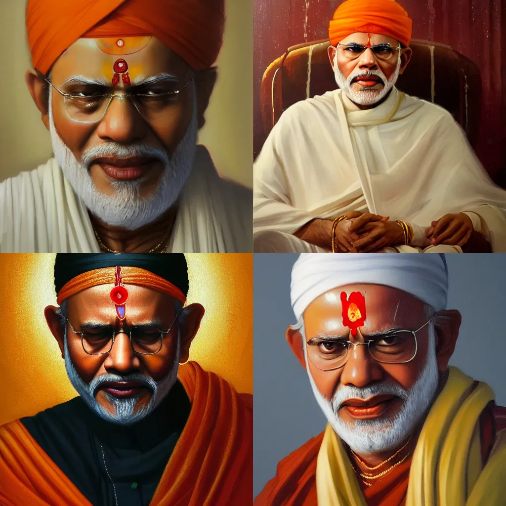 Prompt: Narendra Modi as Shirdi Sai Baba, masterpiece, oil on canvas, by Greg Rutkowski, neoclassical portrait, sharp, HD, detailed, cinematic, best lighting, 8K,