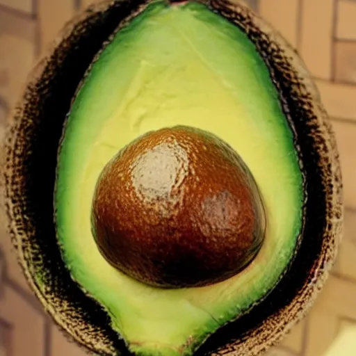 Image similar to an avocado pit with the hair of bob ross