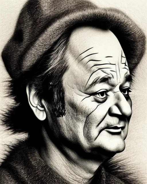 Prompt: bill murray, hyper realism, fine details, deviantart artstation, extremely detailed, black and white, very sharp, in the style of albrecht durer, etching,