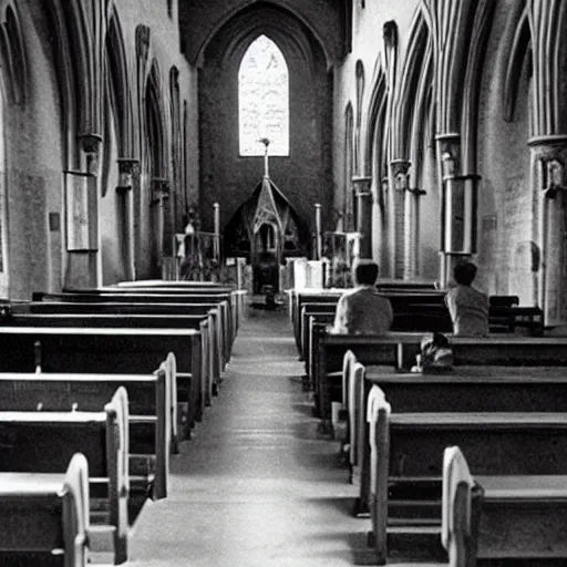 Prompt: Robots from the 1950s praying in pews in a cathedral church