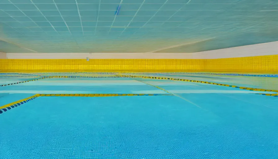 Prompt: movie still of an empty municipal swimmingpool with yellow tiles with light blue tiles, high quality, high detail, liminal space style