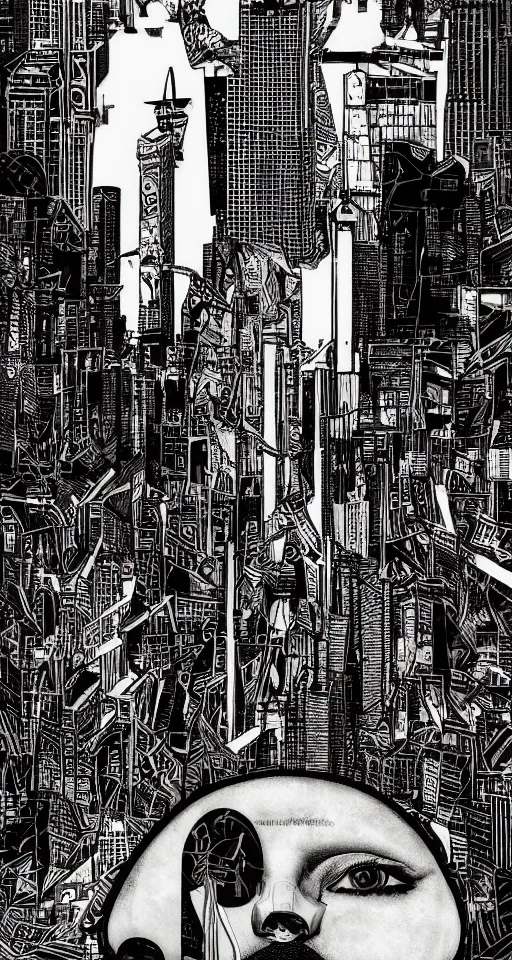 Image similar to cypherpunk fashion illustration, camera face, black and white and red, manga, city street background with high tall buildings, central park, abstract landscape, diane arbus, highly detailed, finely detailed, shadows realism