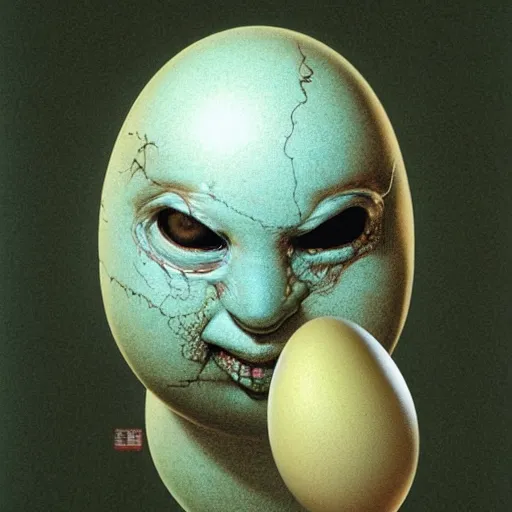 Prompt: humpty dumpty in form of egg, detailed pattern on skin, front view by by luis royo and wayne barlowe, beksinski