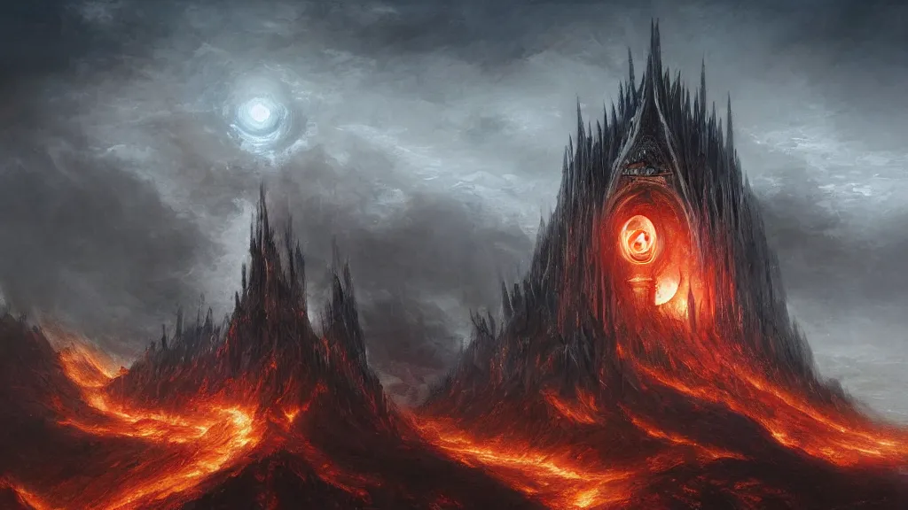 Prompt: flaming eye of sauron above the dark orc tower of barad - dur, by alan lee, michal karcz, smooth details, lord of the rings, game of thrones, smooth, detailed terrain, oil painting, trending artstation, concept art, fantasy matte painting