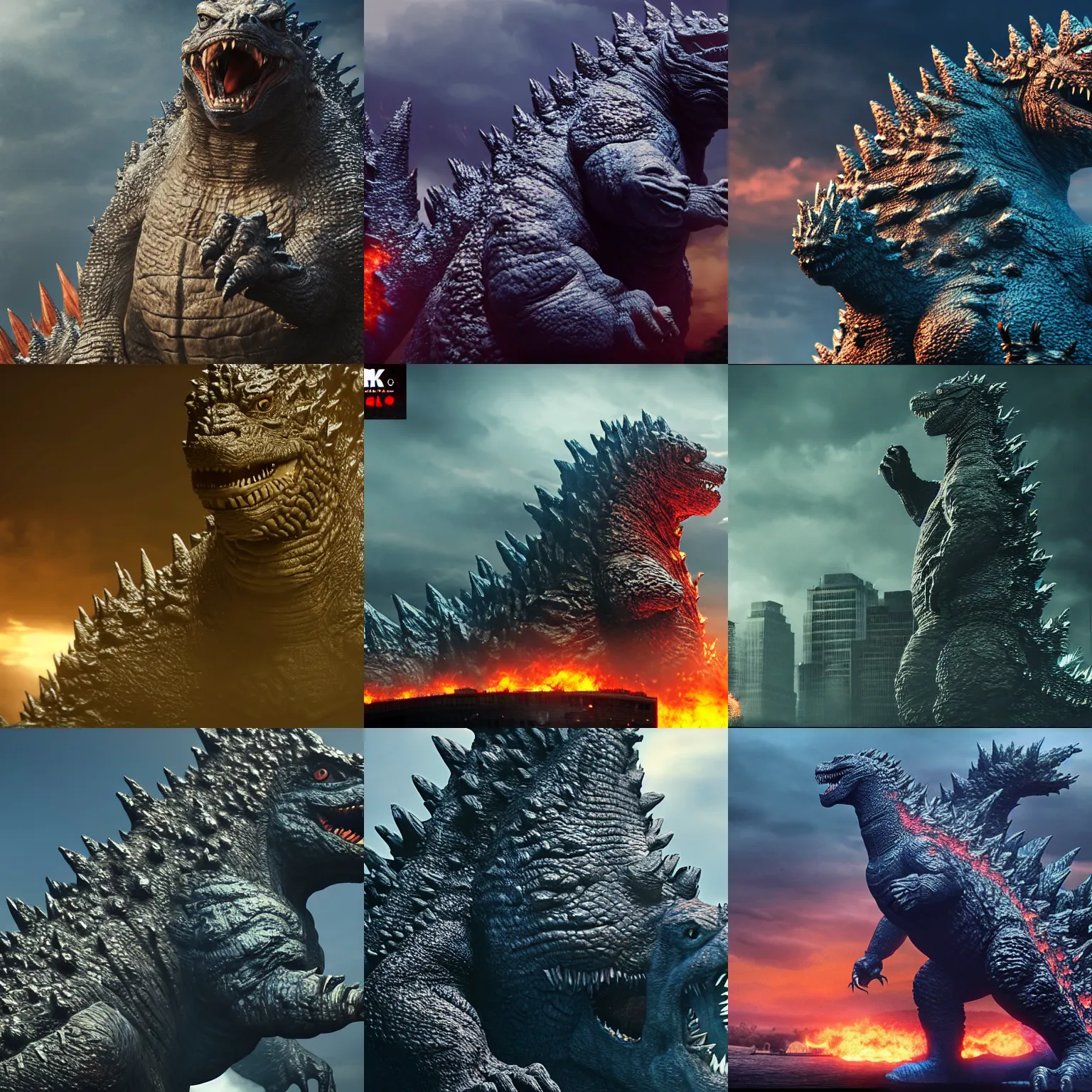 Prompt: Godzilla, Highly Detailed, Photorealism, HD quality, 8k resolution, cinema 4d, 3D, unreal engine 5, high quality, beautiful, cinematic