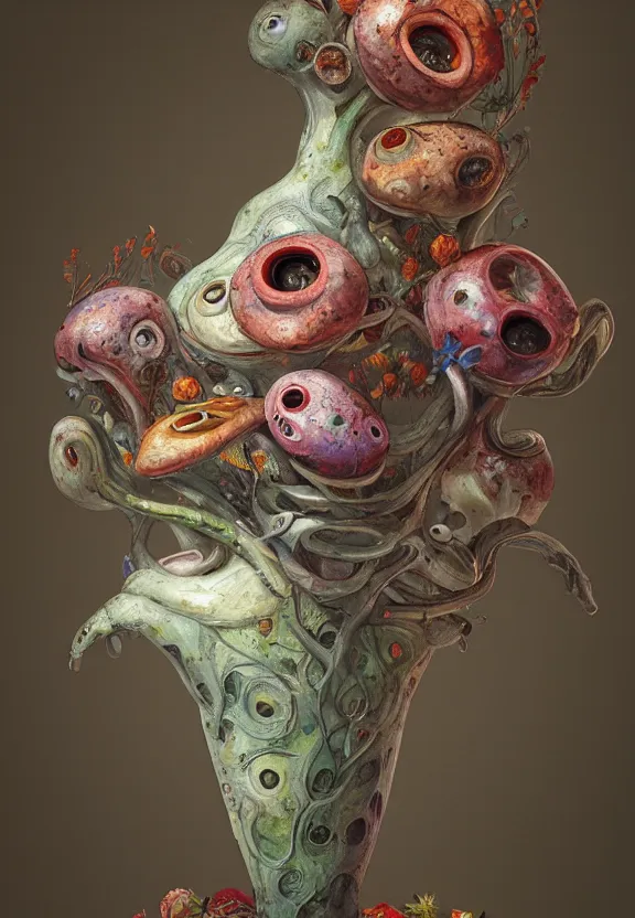 Prompt: biomorphic painting of a vase with flowers and eyeballs, au naturel, hyper detailed, melting plastic, trending in artstation, cinematic lighting, studio quality, smooth render, unreal engine 5 rendered, octane rendered, art style by dorothea tanning and marco mazzoni and ian sprigger and wlop and krenz cushart